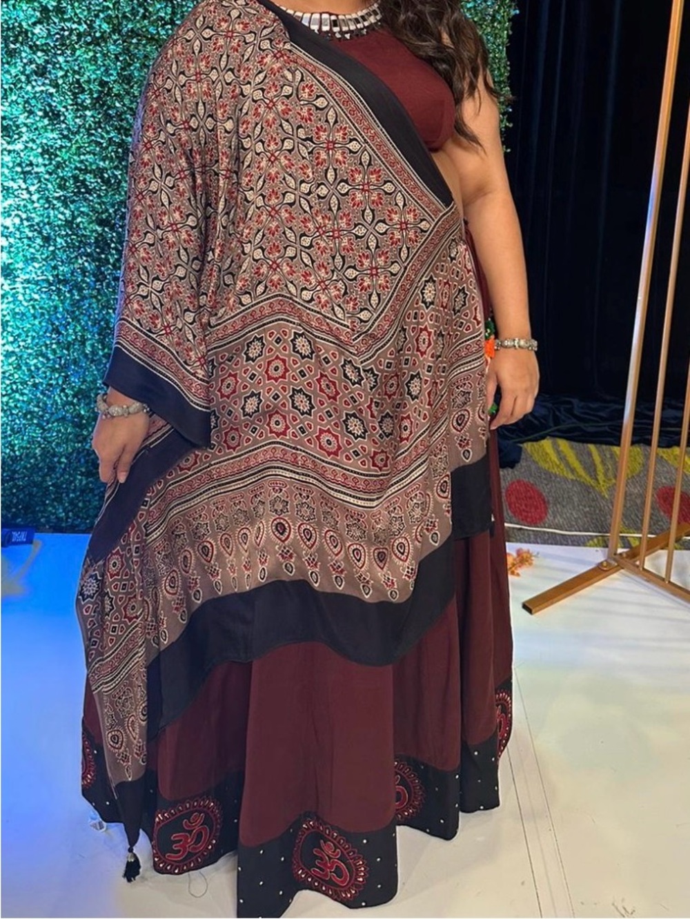 Women's Maroon Printed Kaftan Dress with Black Accents